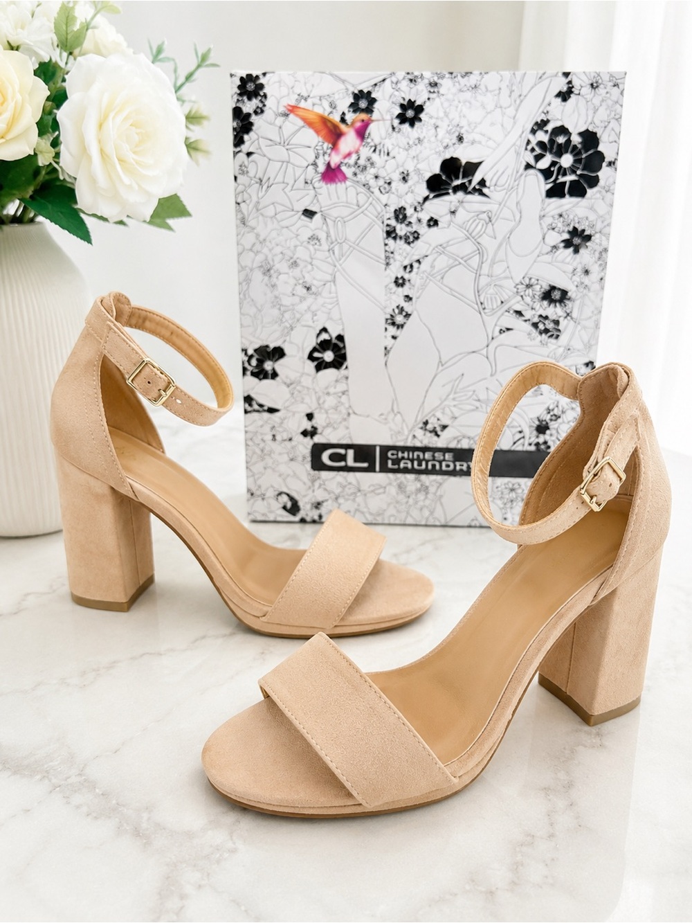 Chinese Laundry Nude/Tan Suede Block Heel Sandals with Ankle Strap